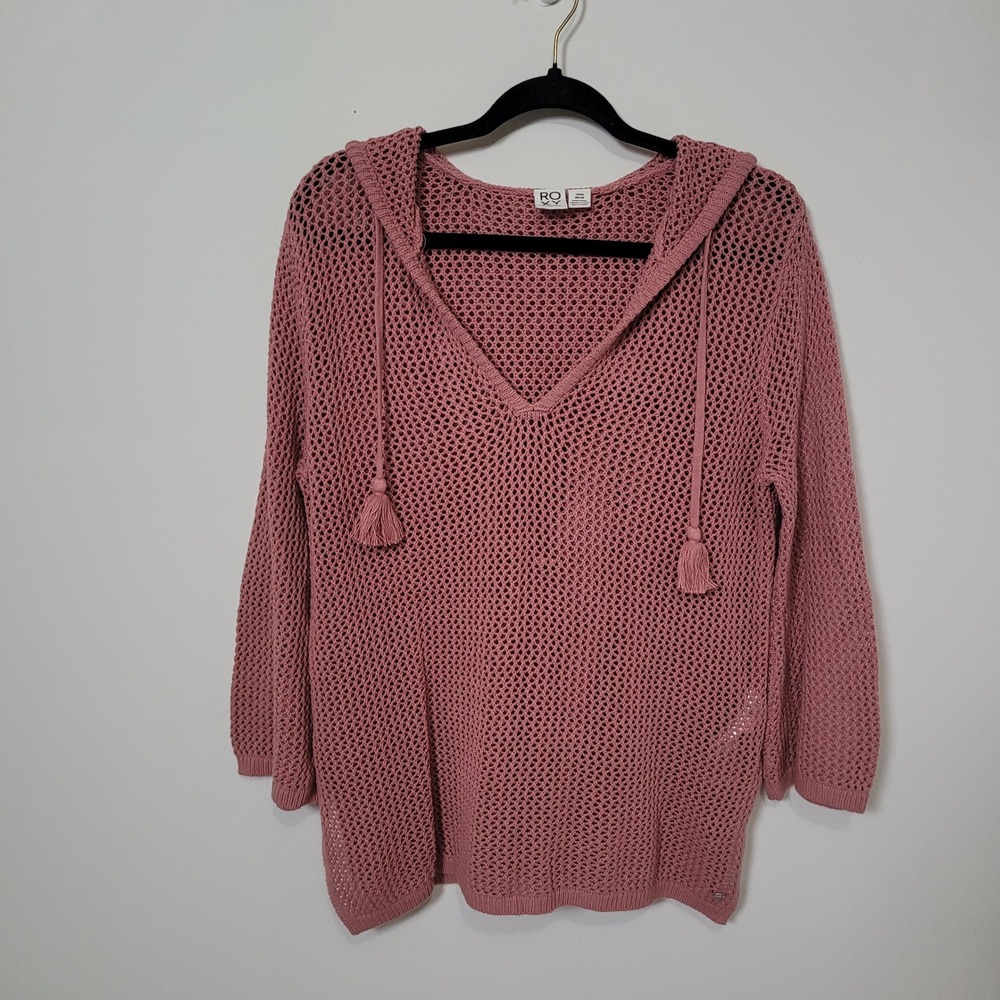 Roxy Small Crochet Knit Hoodie Womens Dusty Rose Pink Tassel Boho Pullover